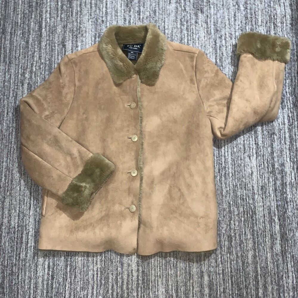 FU DA New York Womens XL Jacket Beige Faux Suede Buttons Pockets Faux‎ Fur
